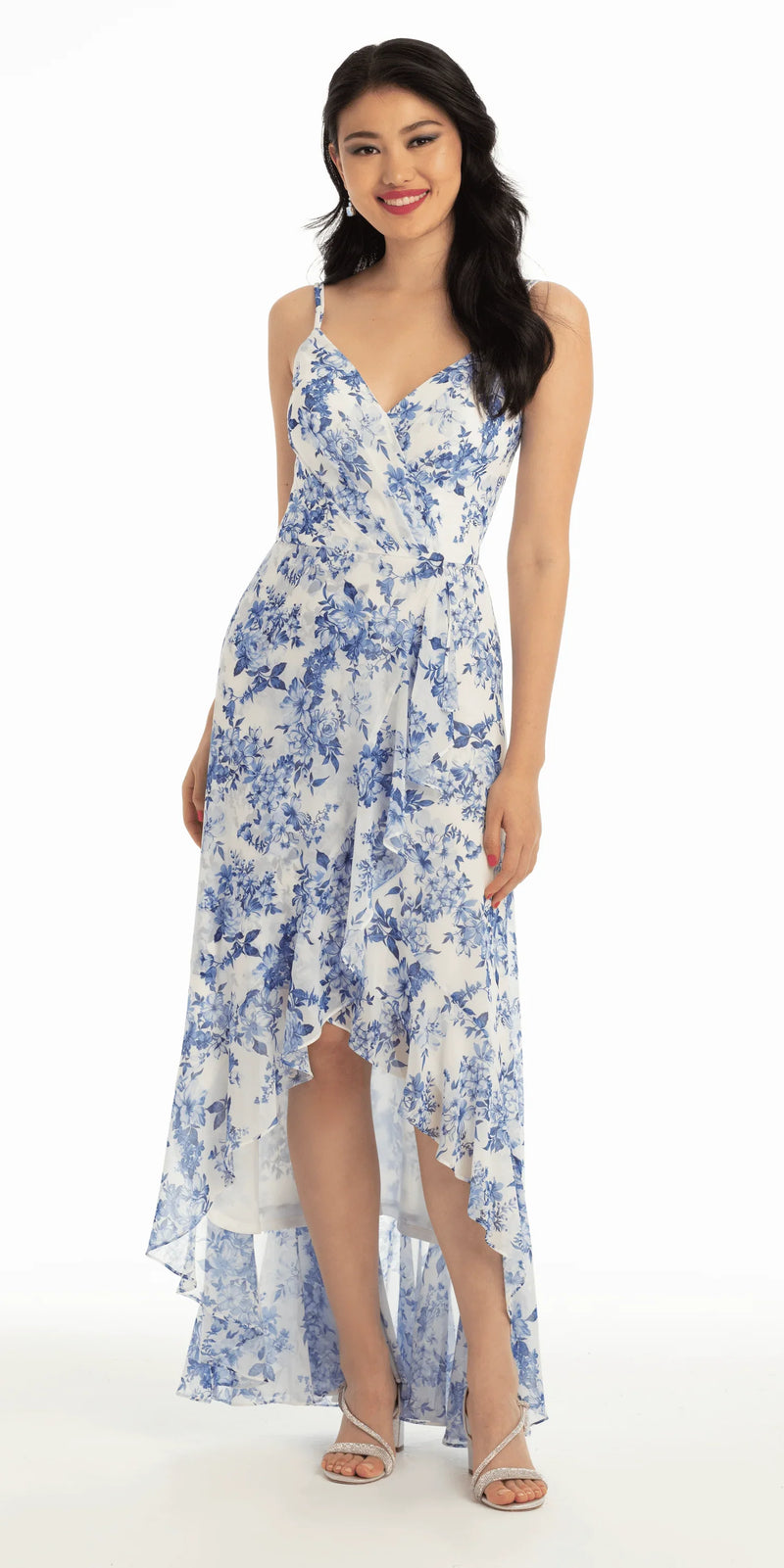 white-blue/size/4/missy/Camille La Vie/Ruffle High-Low Chiffon Floral Print Dress /alt