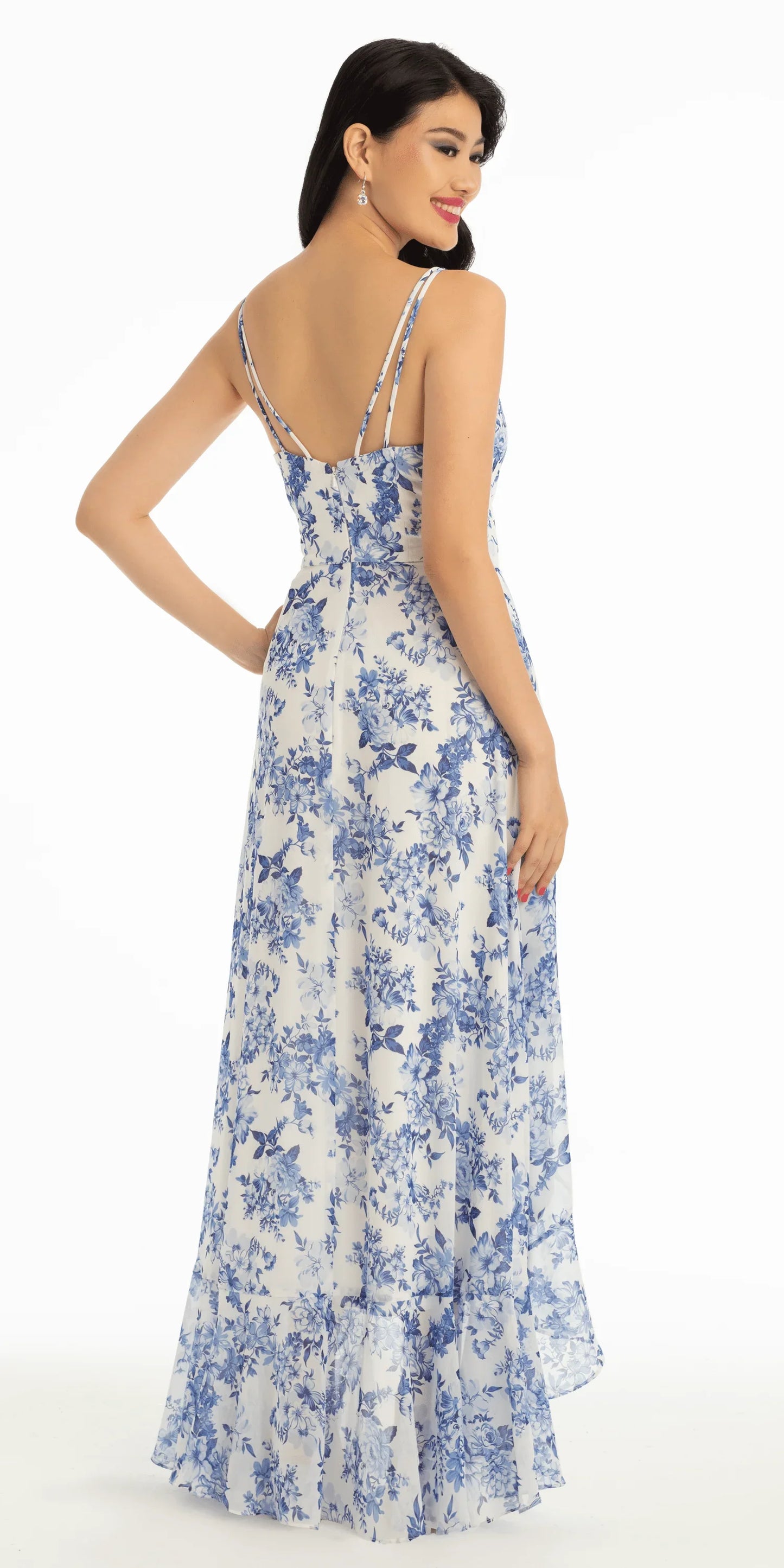 white-blue/size/4/missy/Camille La Vie/Ruffle High-Low Chiffon Floral Print Dress /back
