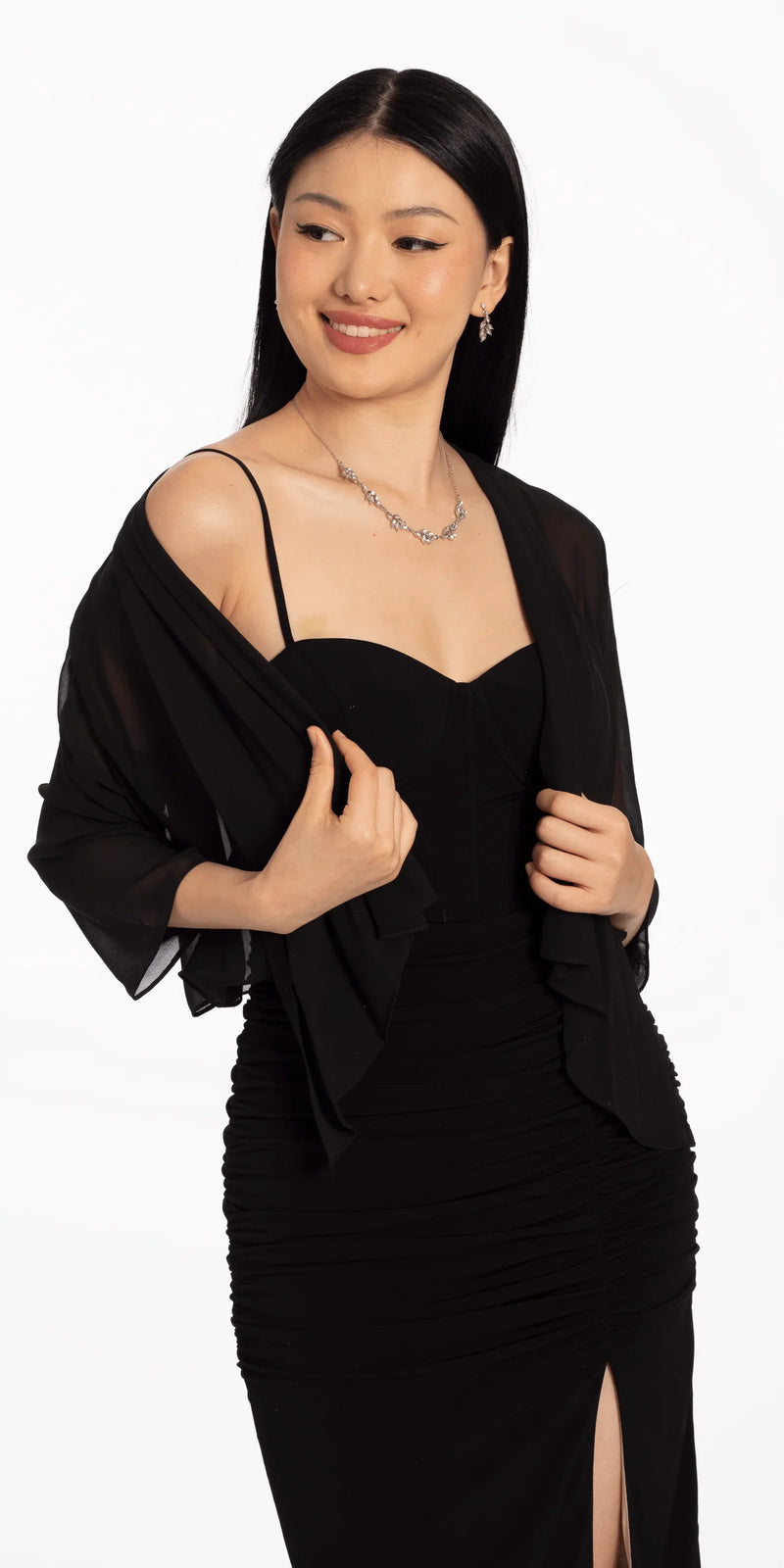 black/size/m/missy/Camille La Vie/ Chiffon Drape Front Jacket with Sleeves/front 1