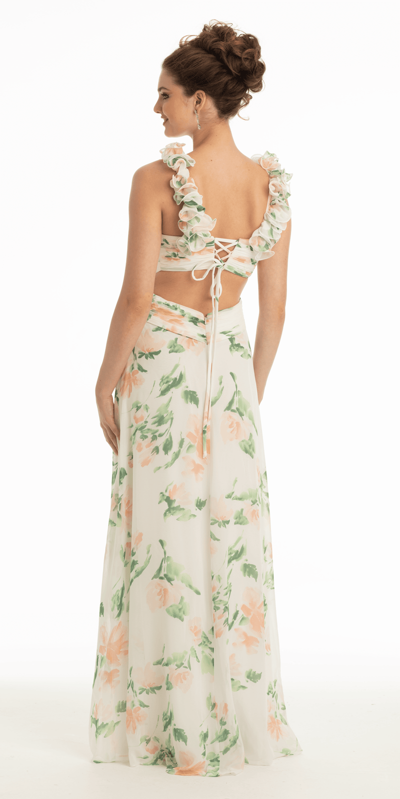 Chiffon Floral Print Ruffle Lace Up Back Dress - Camille La Vie