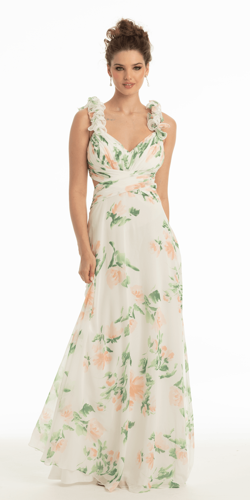 Chiffon Floral Print Ruffle Lace Up Back Dress - Camille La Vie