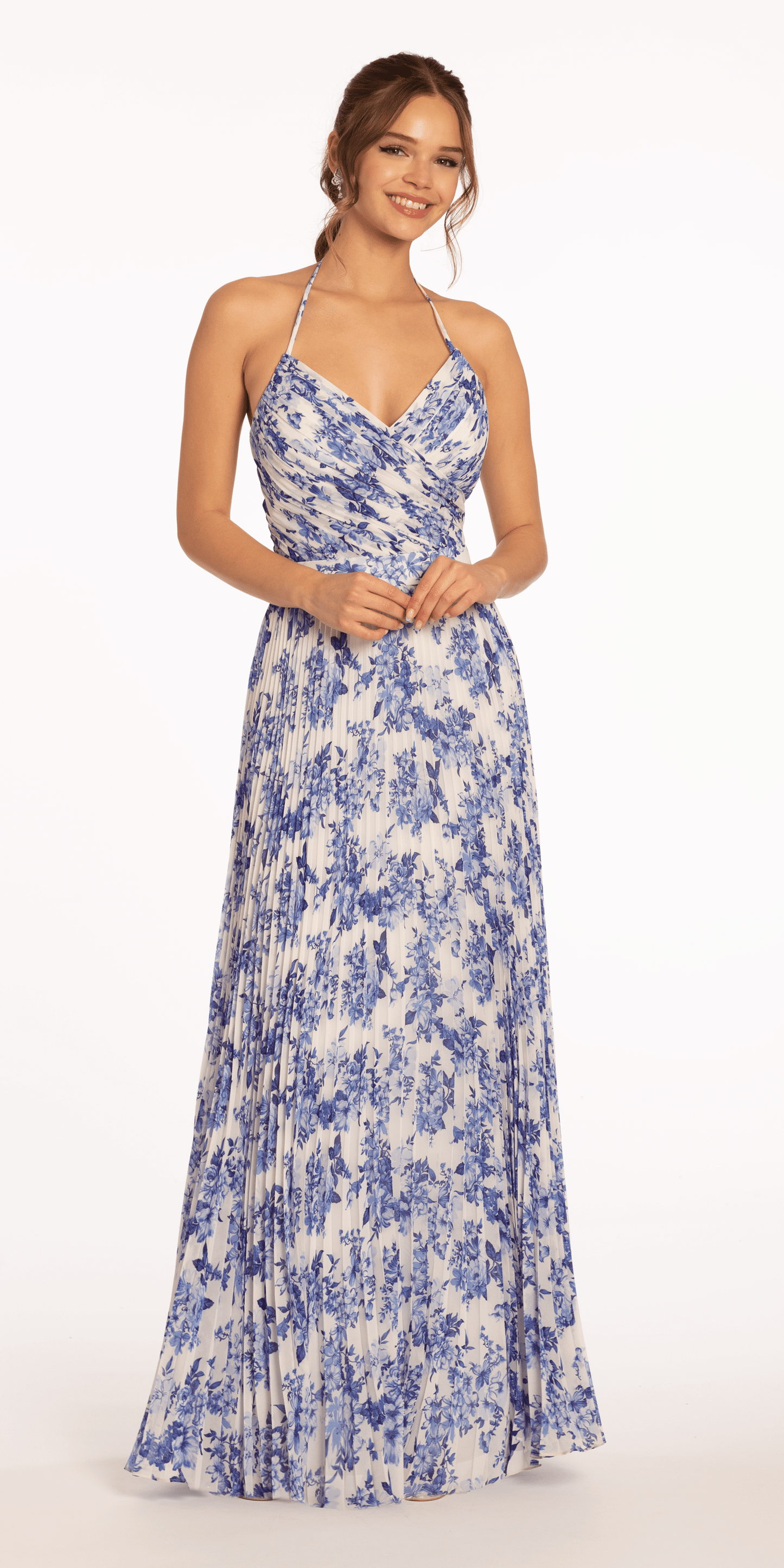 Chiffon Pleated Print Lace Up Back A Line Dress - Camille La Vie