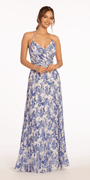 Chiffon Pleated Print Lace Up Back A Line Dress - Camille La Vie