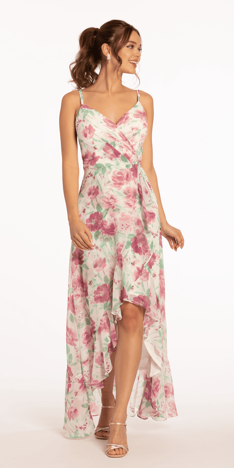 mulberry/size/4/missy/Camille La Vie /Criss Cross Floral Chiffon High Low Dress/front 1