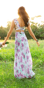 Floral Print Chiffon Lace Up Back Column Dress with Ruching - Camille La Vie