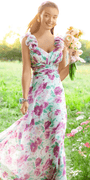 Floral Print Chiffon Lace Up Back Column Dress with Ruching - Camille La Vie