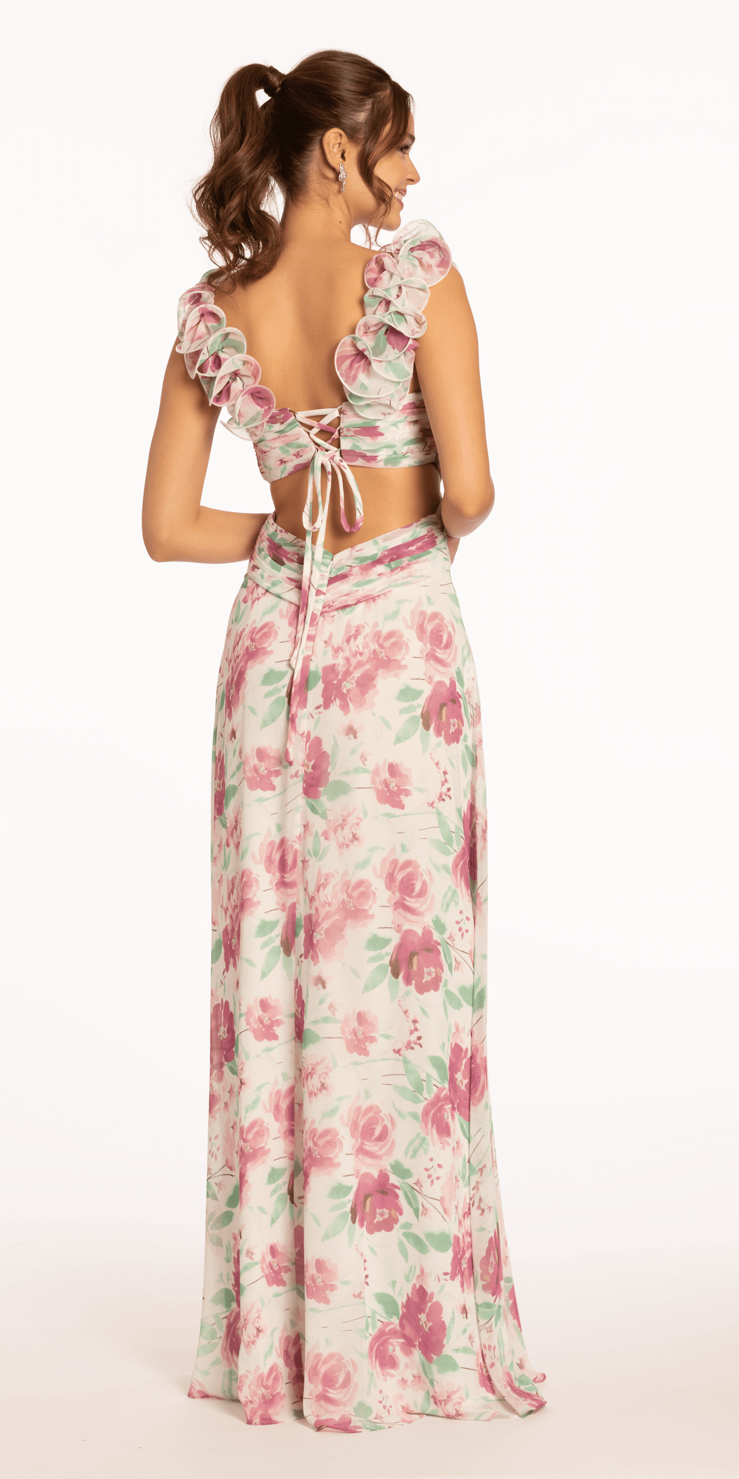 Floral Print Chiffon Lace Up Back Column Dress with Ruching - Camille La Vie