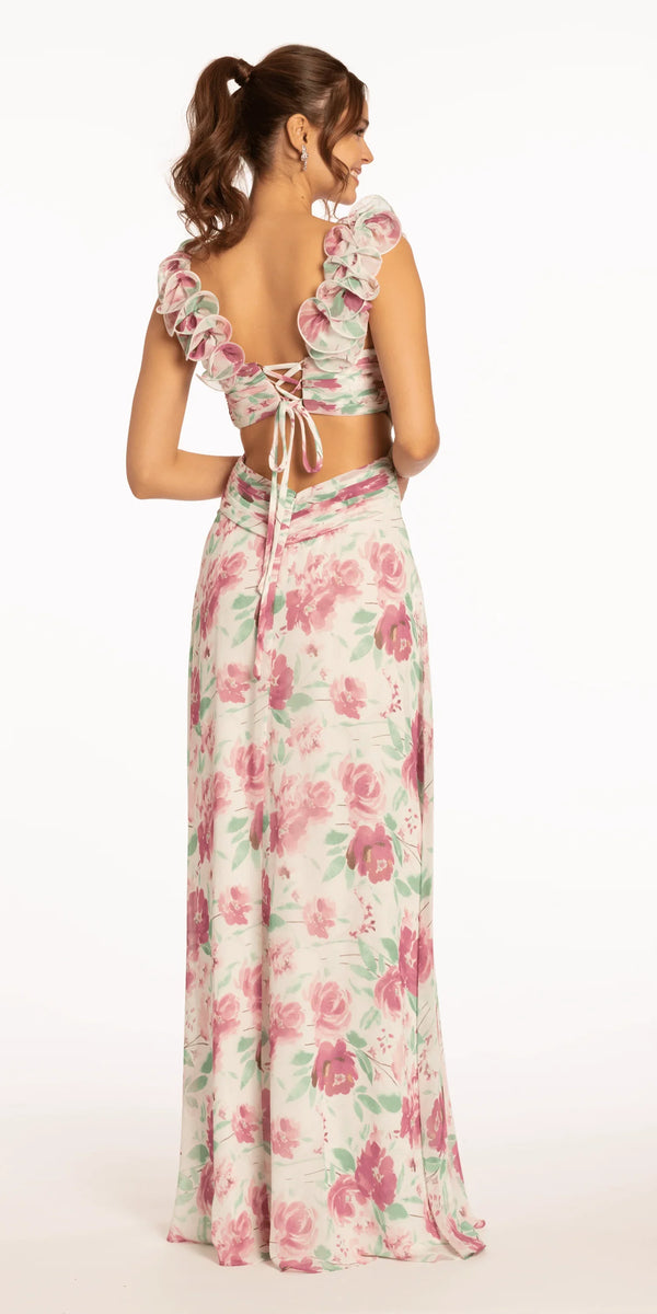 mulberry/size/4/missy/Camille La Vie/Floral Print Chiffon Lace Up Back Column Dress with Ruching/back