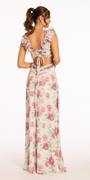 Floral Print Chiffon Lace Up Back Column Dress with Ruching - Camille La Vie