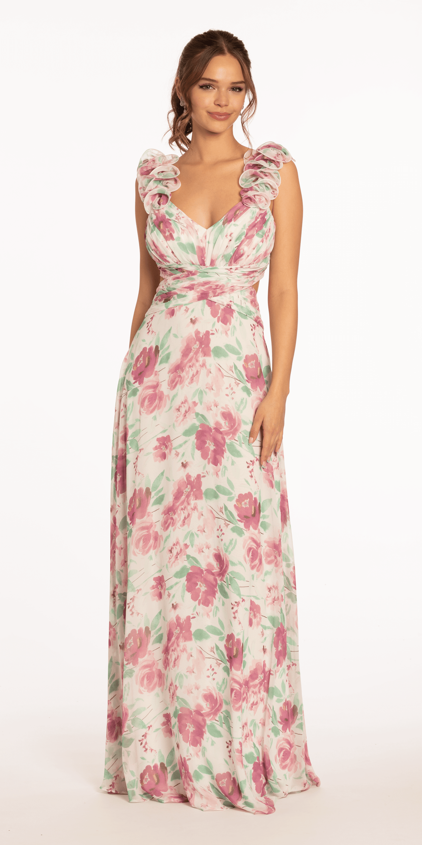 Floral Print Chiffon Lace Up Back Column Dress with Ruching - Camille La Vie