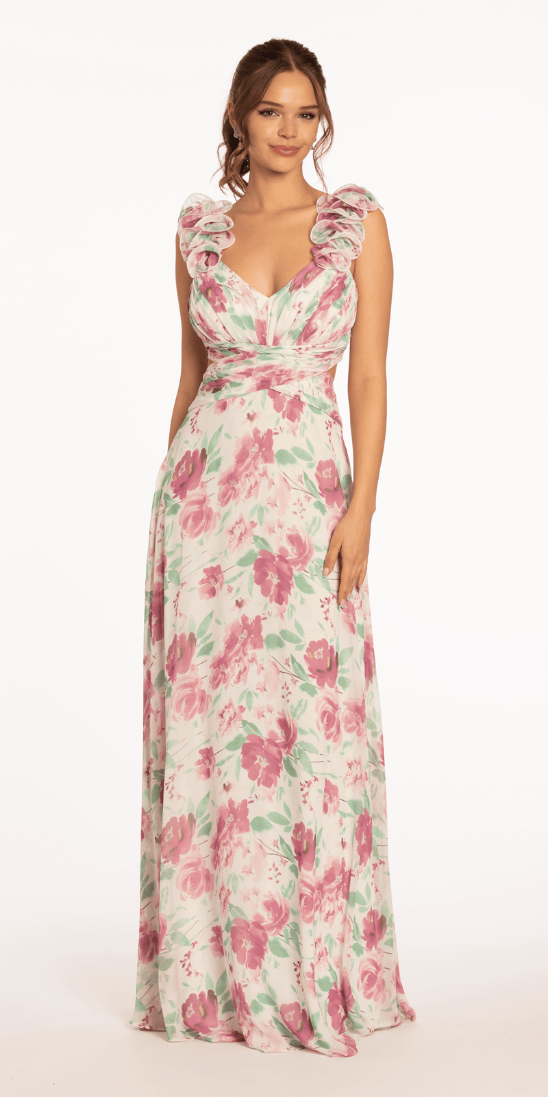 Floral Print Chiffon Lace Up Back Column Dress with Ruching - Camille La Vie