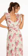 Floral Print Chiffon Lace Up Back Column Dress with Ruching - Camille La Vie