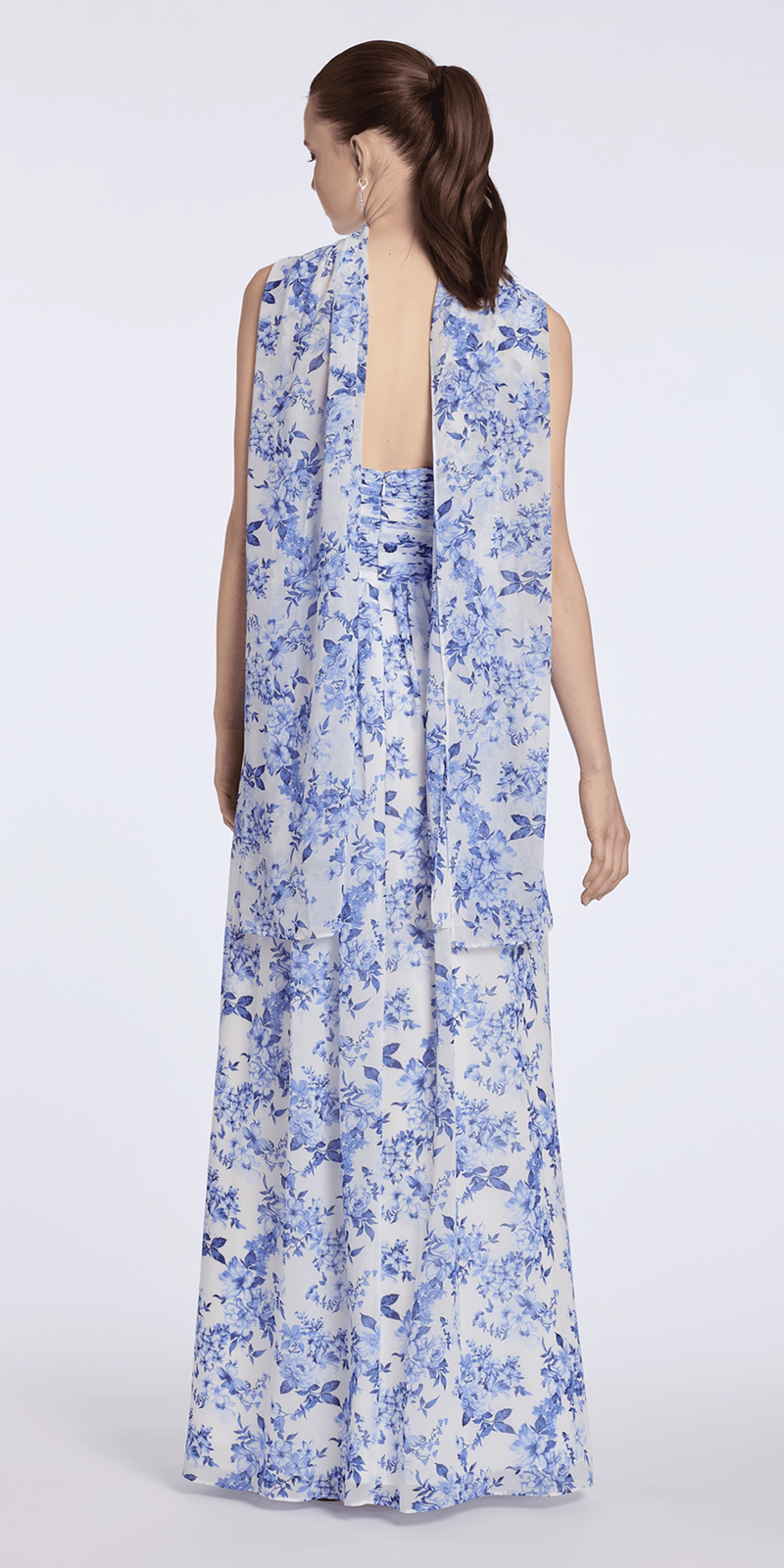 Camille La Vie Floral Print Strapless Chiffon Pleated Column Dress with Scarf