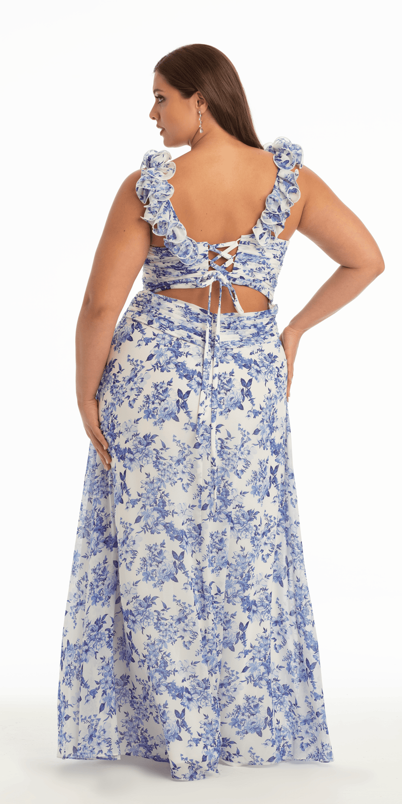 Floral Print Chiffon Column Dress with Ruffle Shoulders - Camille La Vie