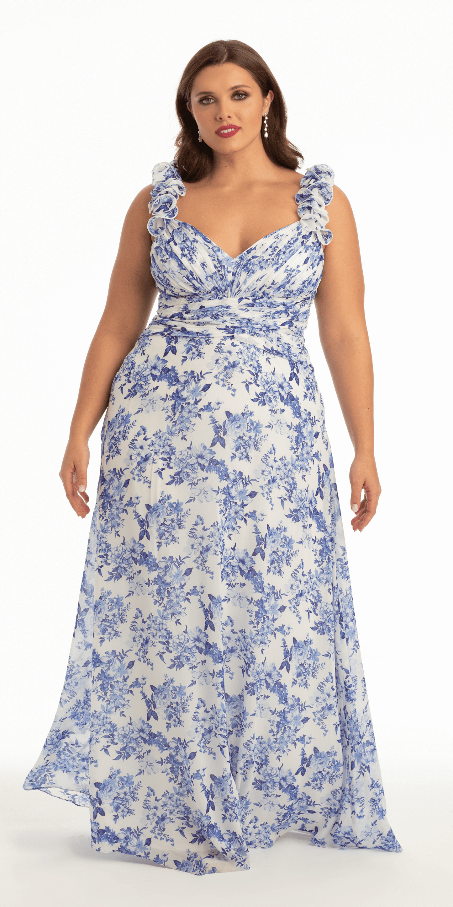 Floral Print Chiffon Column Dress with Ruffle Shoulders - Camille La Vie