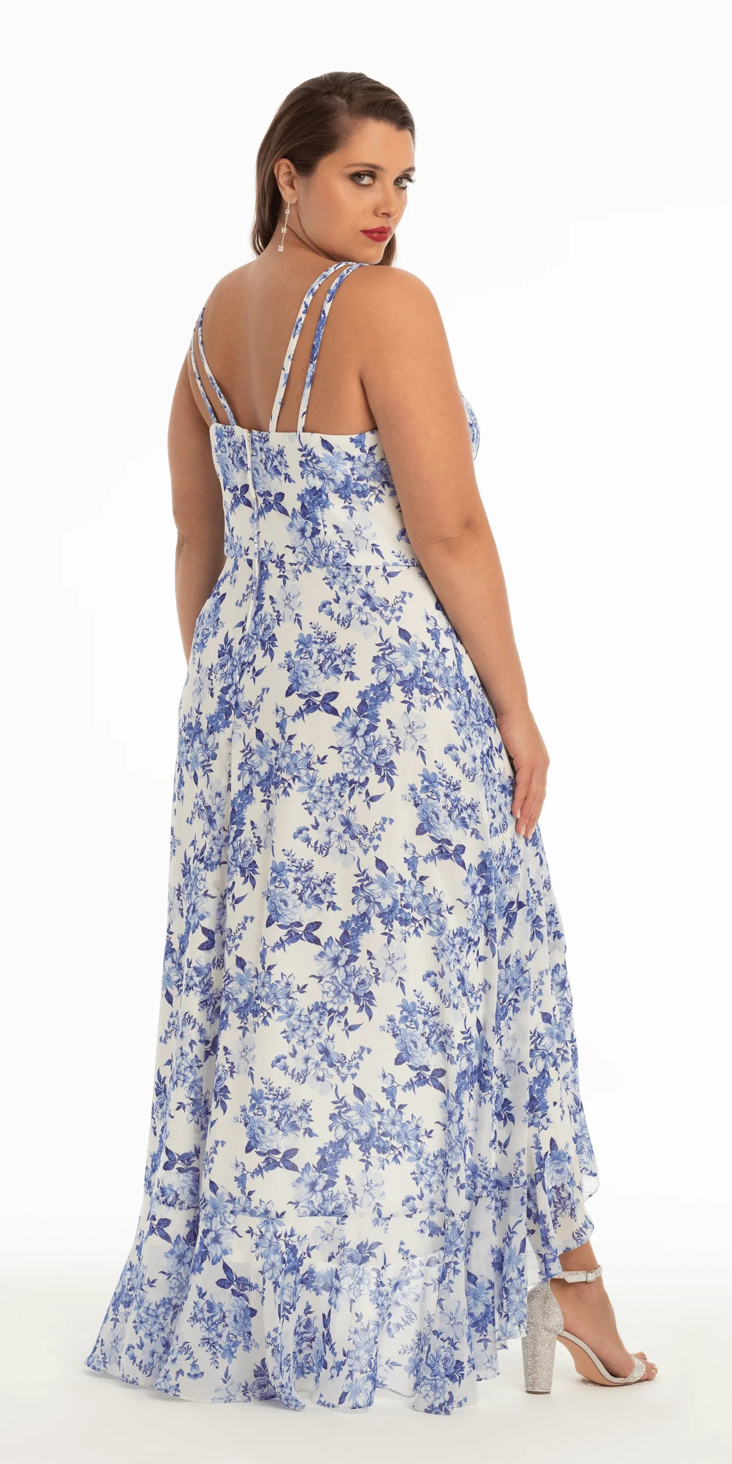 white-blue/size/14/plus/Camille La Vie/Ruffle High-Low Chiffon Floral Print Dress /back