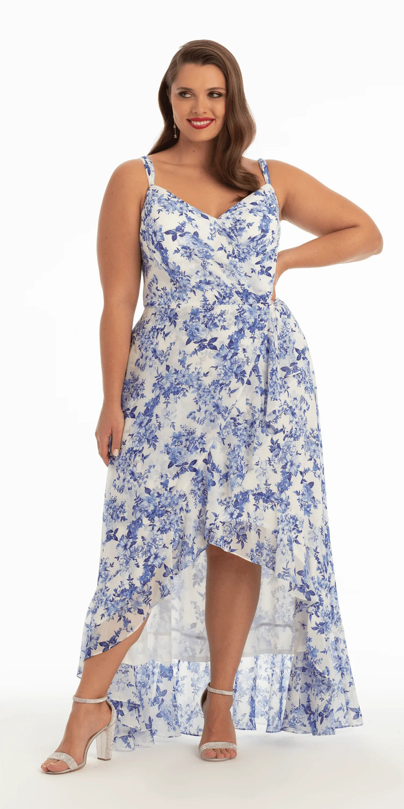 white-blue/size/14/plus/Camille La Vie/Ruffle High-Low Chiffon Floral Print Dress /front alt