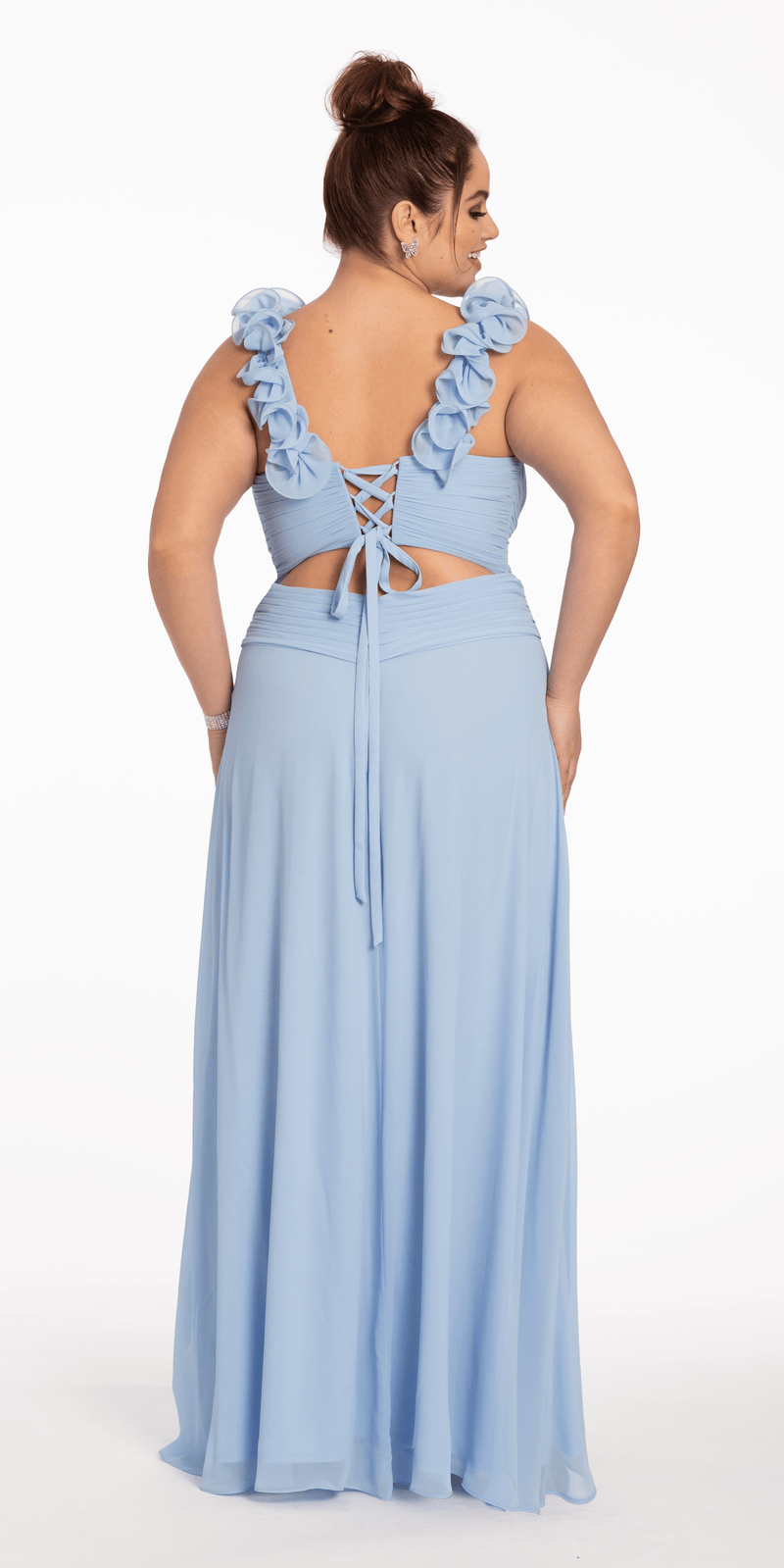 Chiffon Ruffle Shoulder Lace Up Back Column Dress - Camille La Vie