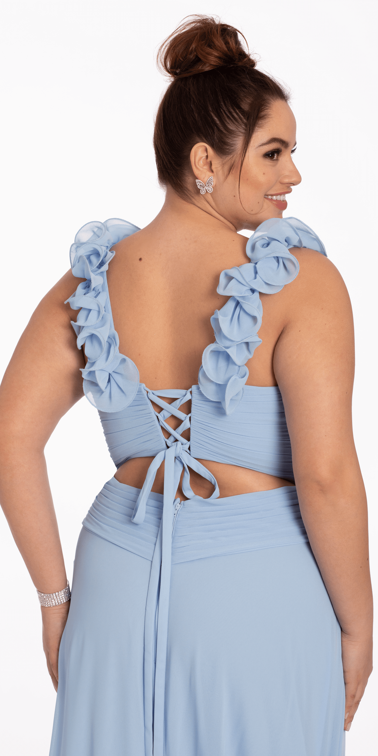 Chiffon Ruffle Shoulder Lace Up Back Column Dress - Camille La Vie
