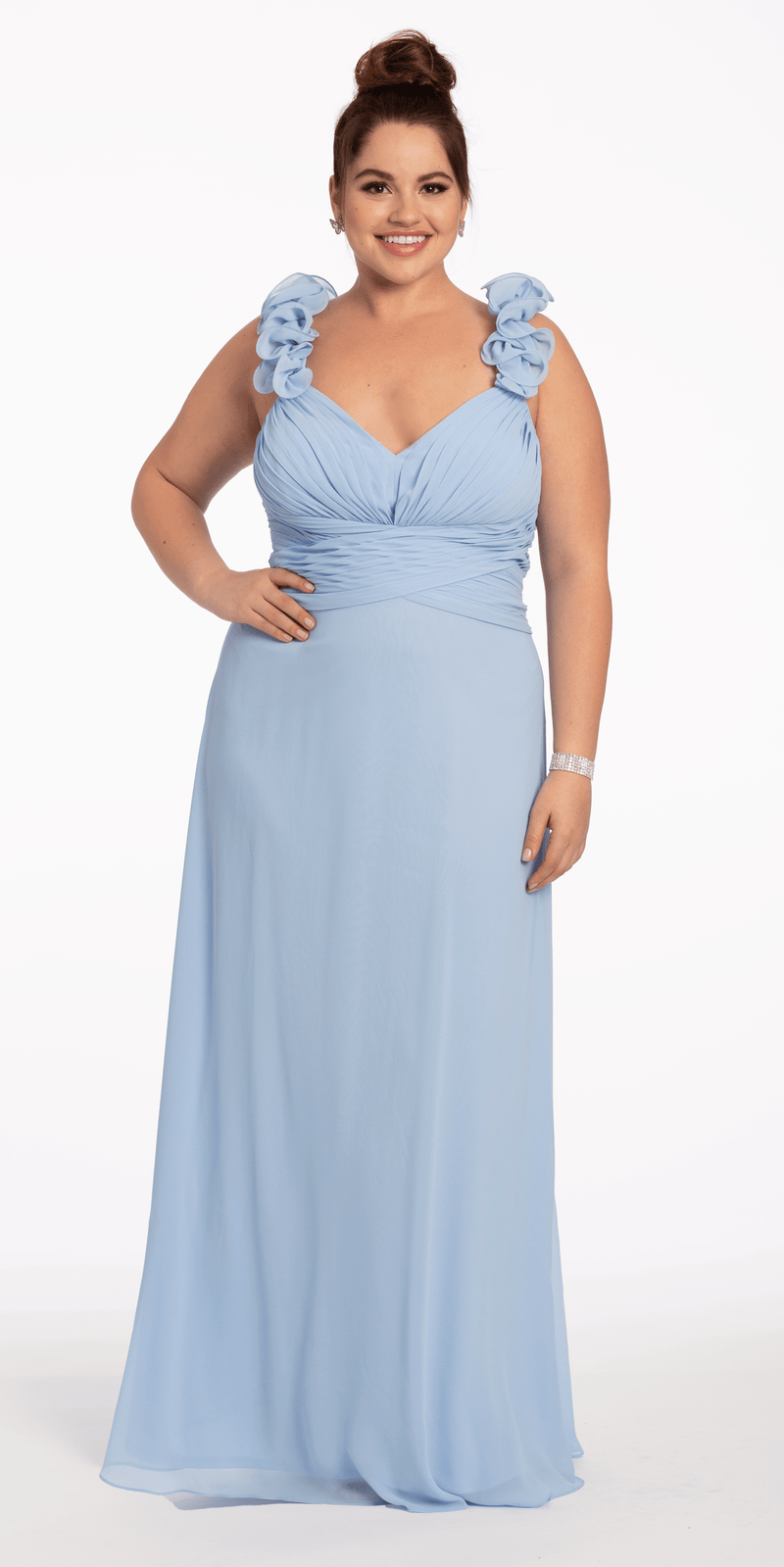Chiffon Ruffle Shoulder Lace Up Back Column Dress - Camille La Vie