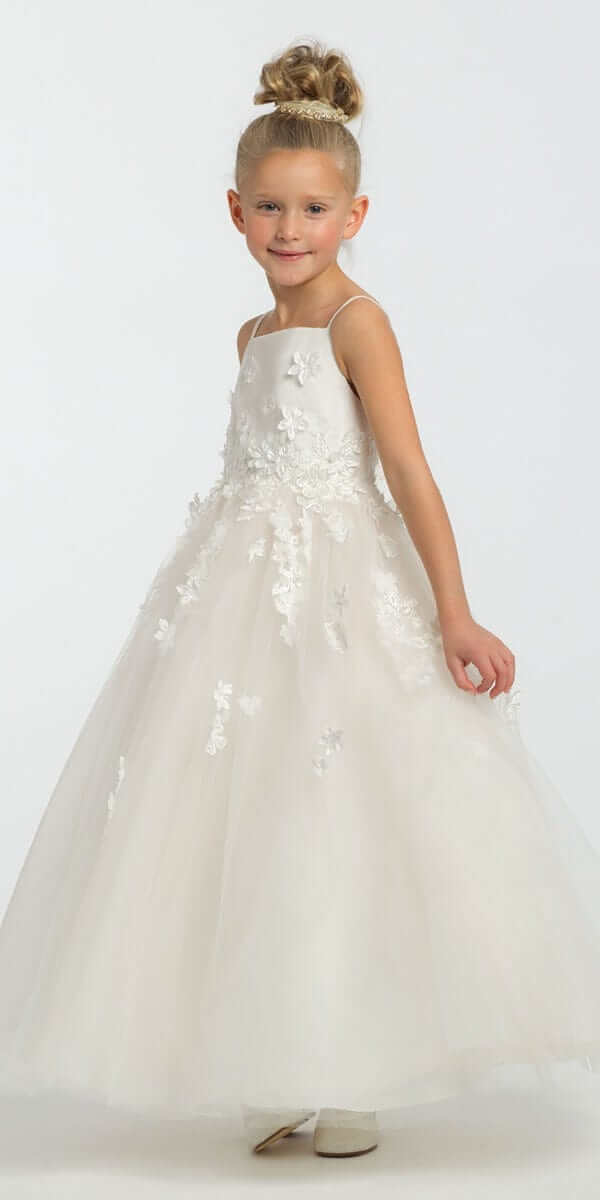 Satin Floral Applique Fit and Flare Flower Girl Dress - Camille La Vie