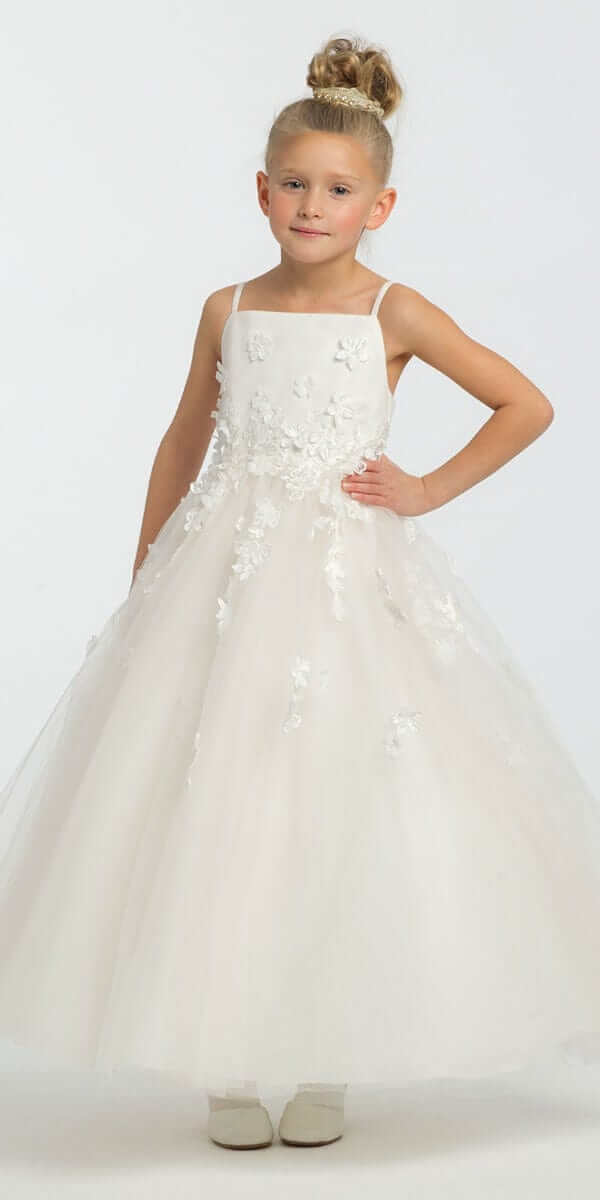 Satin Floral Applique Fit and Flare Flower Girl Dress - Camille La Vie