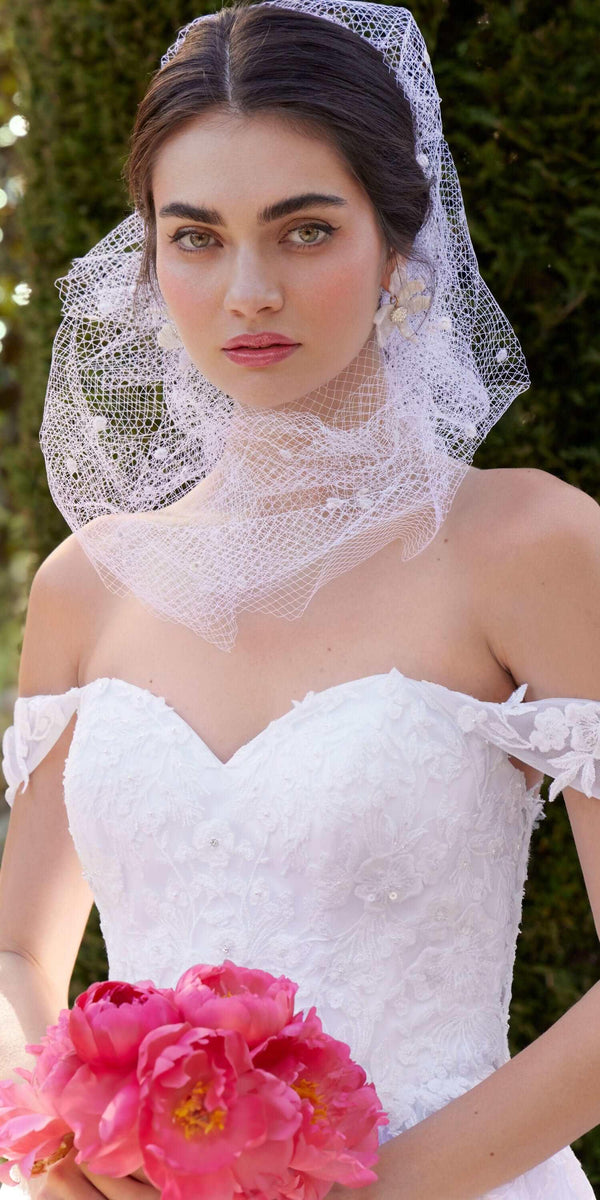 white/ size/4/missy/Camille La Vie/Embroidered Off the Shoulder Tulle Ballgown with Floral Detail/close up