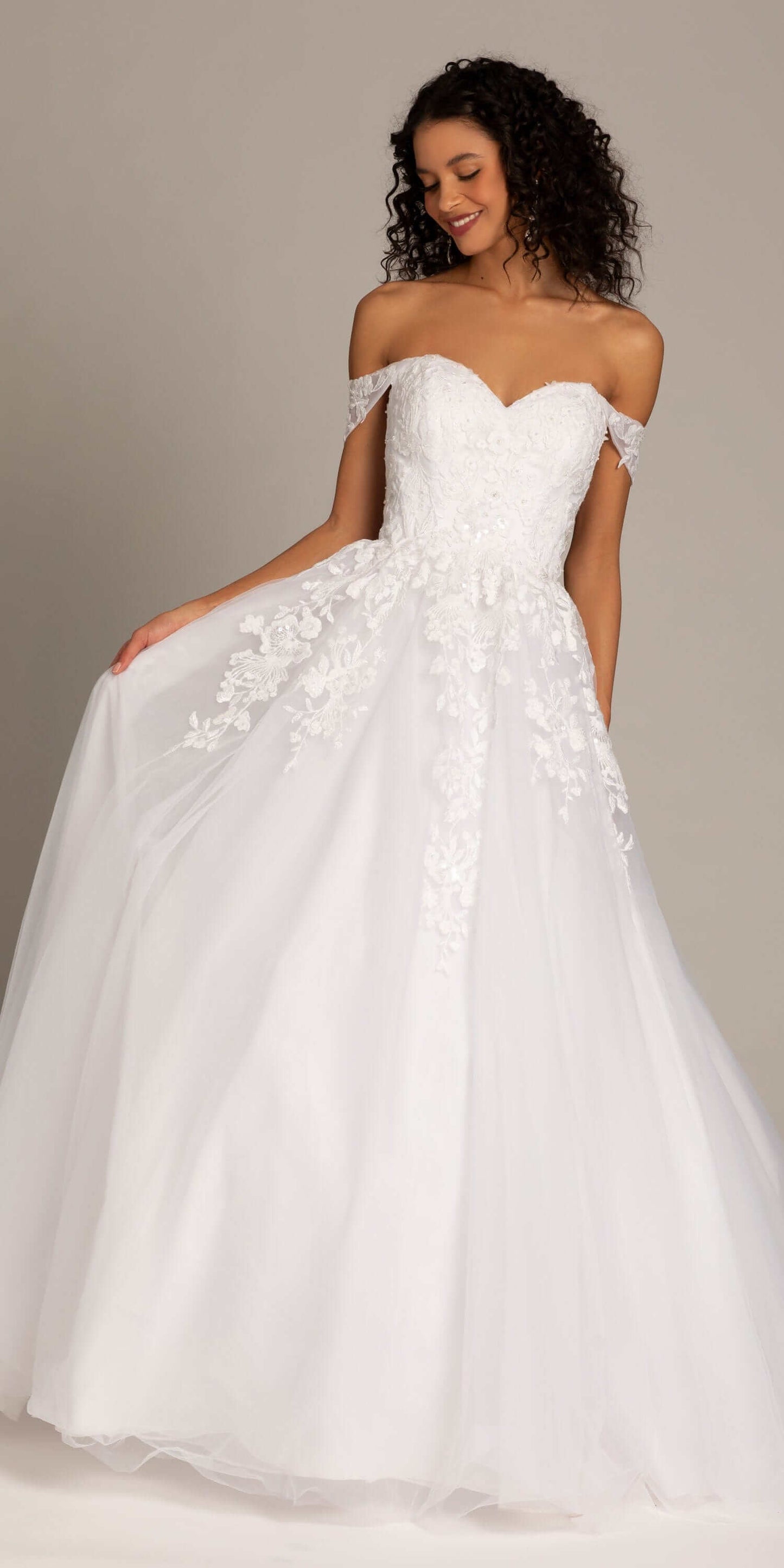 Embroidered Off the Shoulder Tulle Ballgown with Floral Detail - Camille La Vie