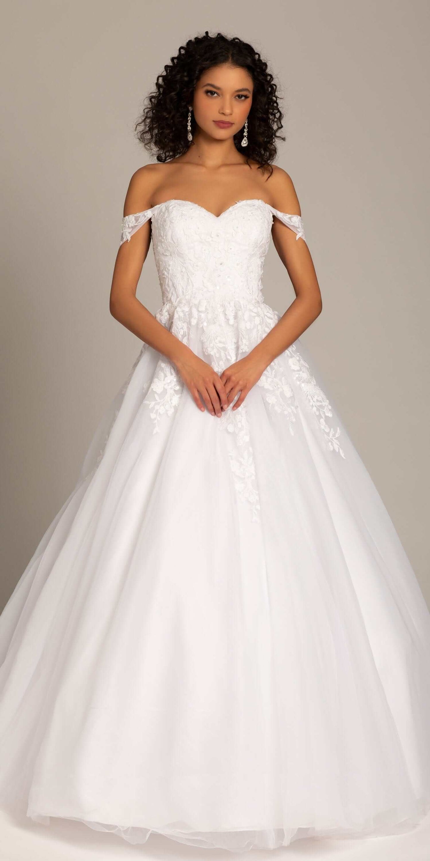 Embroidered Off the Shoulder Tulle Ballgown with Floral Detail - Camille La Vie