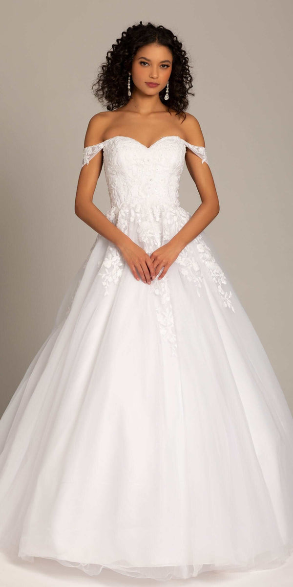 Embroidered Off the Shoulder Tulle Ballgown with Floral Detail - Camille La Vie