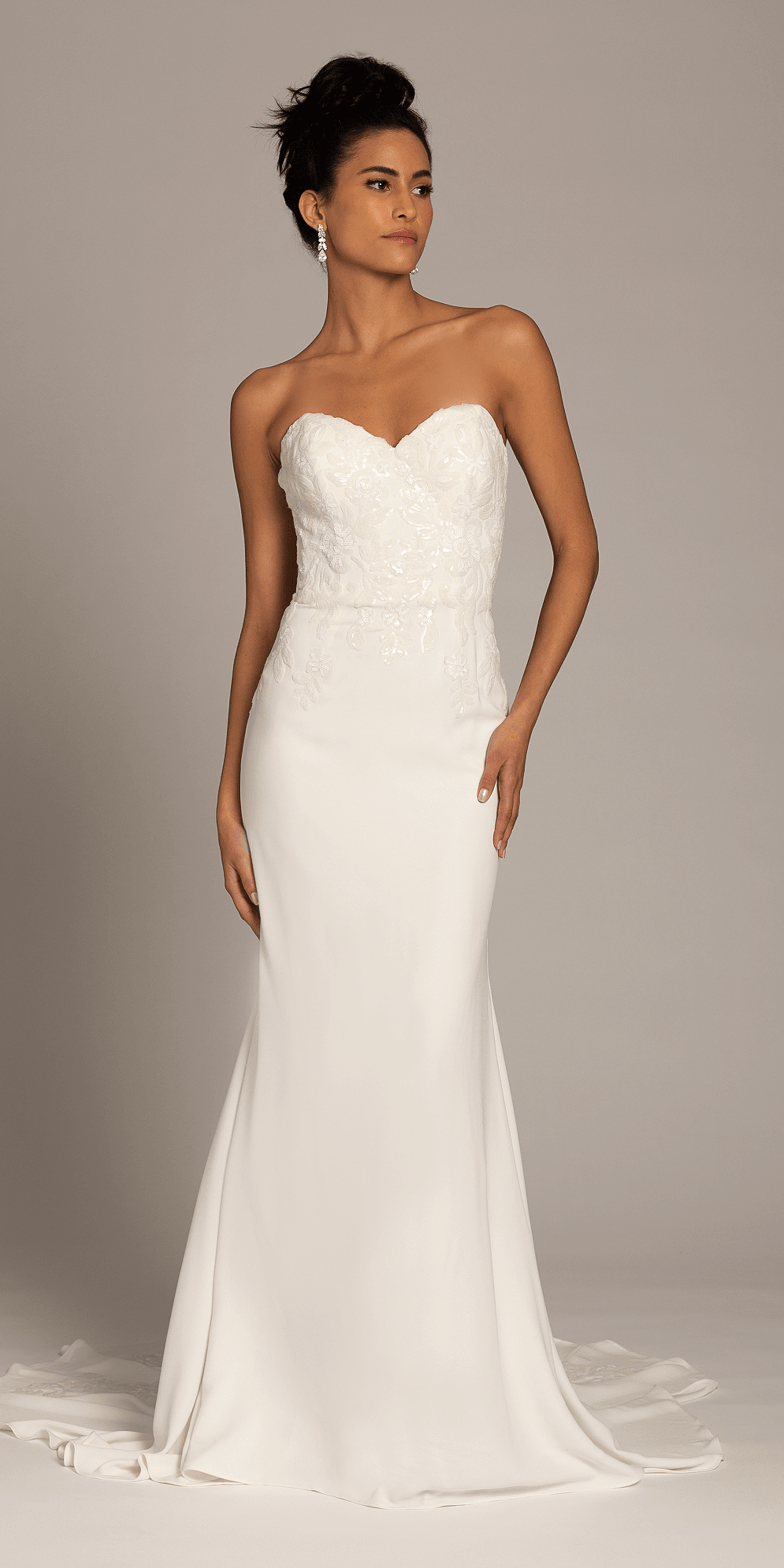  ivory/size/4/missy/Camille La Vie/Sweetheart Crepe Trumpet Dress with Sequin Cascade Train /front