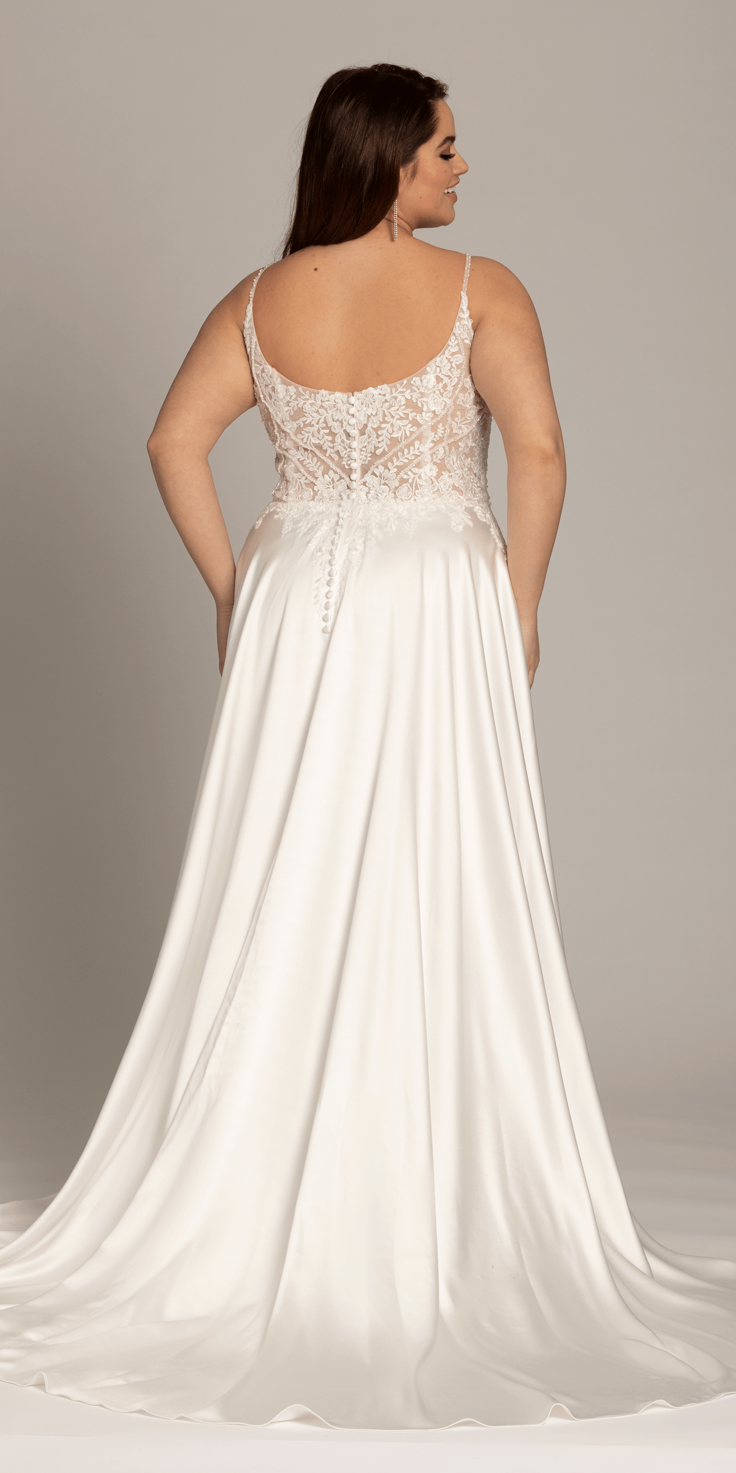 ivory/size/14/plus/Camille La Vie/Satin Plunging A Line Dress with Leaf Beading Detail/back