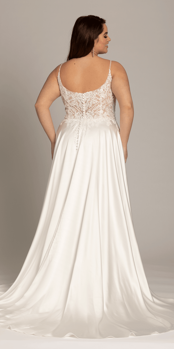 ivory/size/14/plus/Camille La Vie/Satin Plunging A Line Dress with Leaf Beading Detail/back