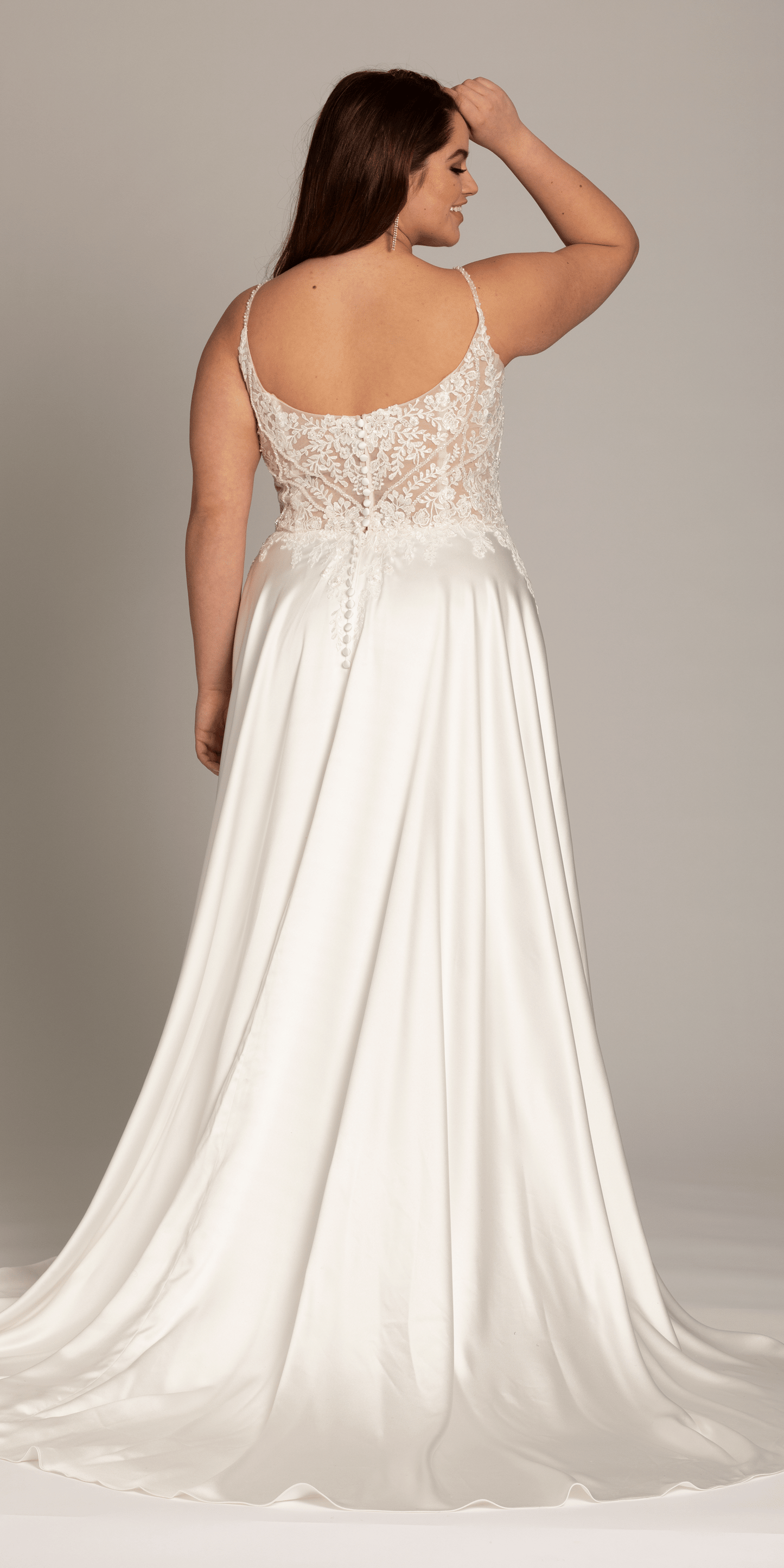 ivory/size/14/plus/Camille La Vie/Satin Plunging A Line Dress with Leaf Beading Detail/back alt