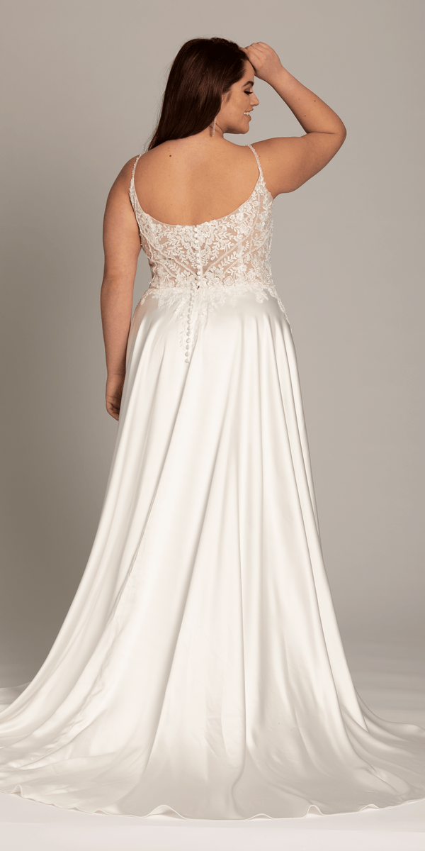 ivory/size/14/plus/Camille La Vie/Satin Plunging A Line Dress with Leaf Beading Detail/back alt