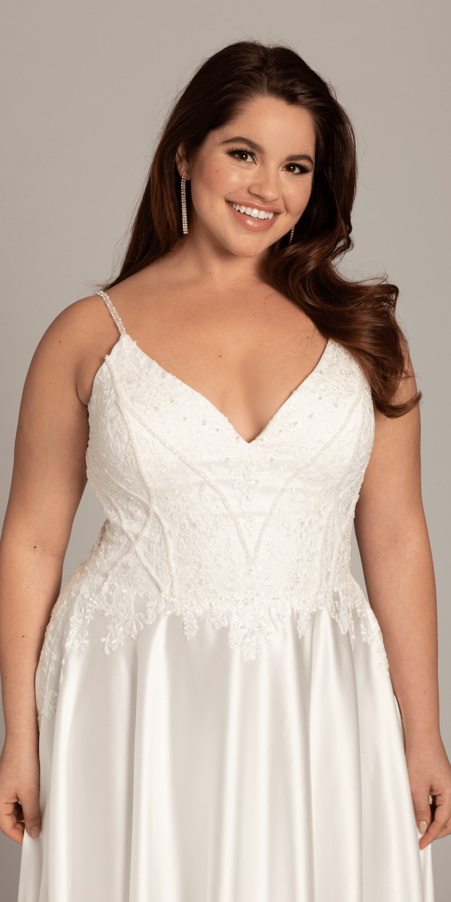 ivory/size/14/plus/Camille La Vie/Satin Plunging A Line Dress with Leaf Beading Detail/close up