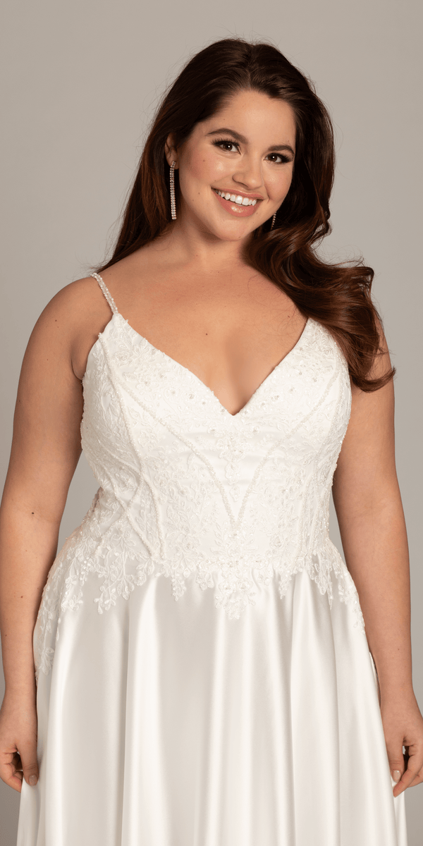 ivory/size/14/plus/Camille La Vie/Satin Plunging A Line Dress with Leaf Beading Detail/close up
