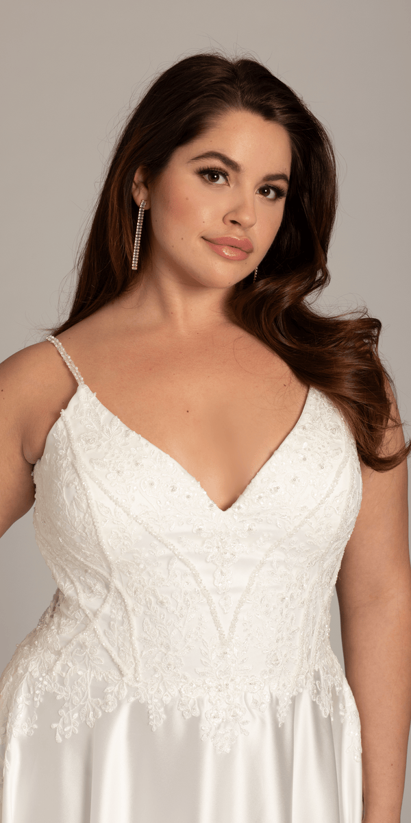 ivory/size/14/plus/Camille La Vie/Satin Plunging A Line Dress with Leaf Beading Detail/close up alt