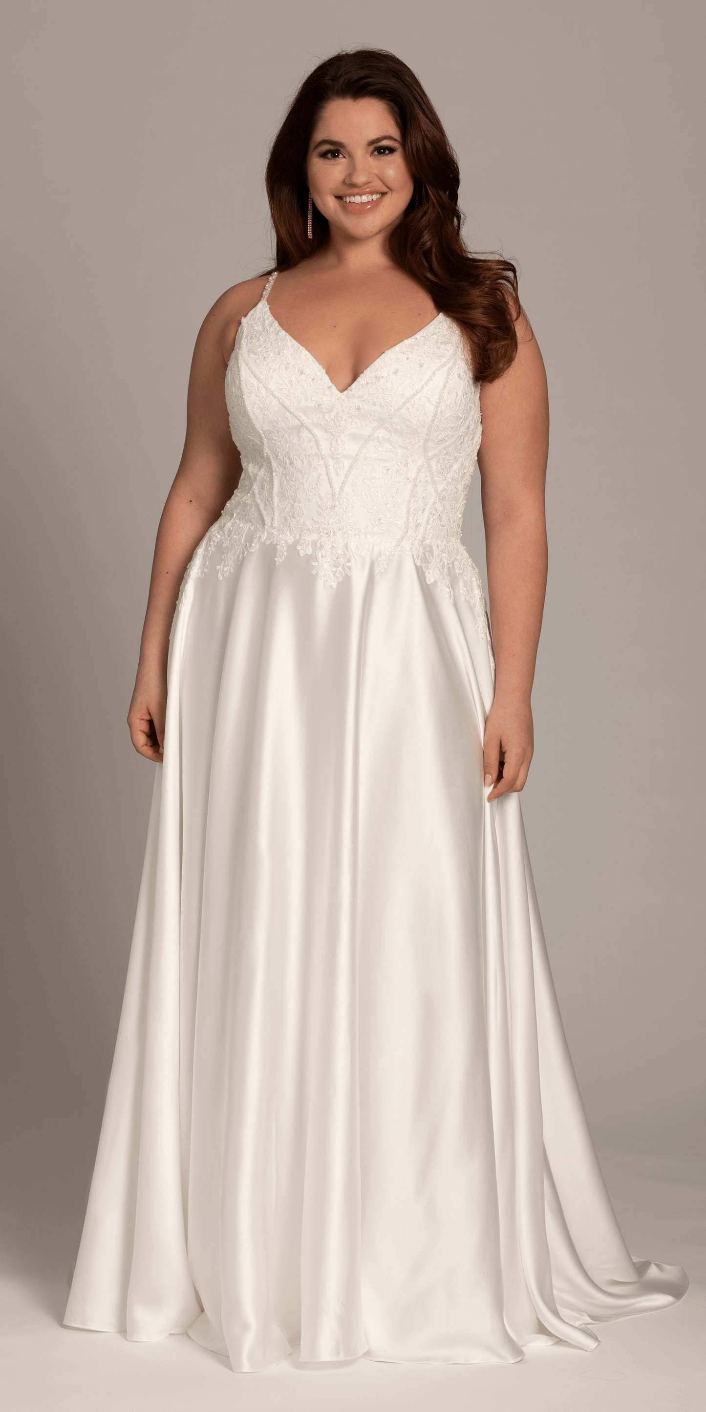 ivory/size/14/plus/Camille La Vie/Satin Plunging A Line Dress with Leaf Beading Detail/front