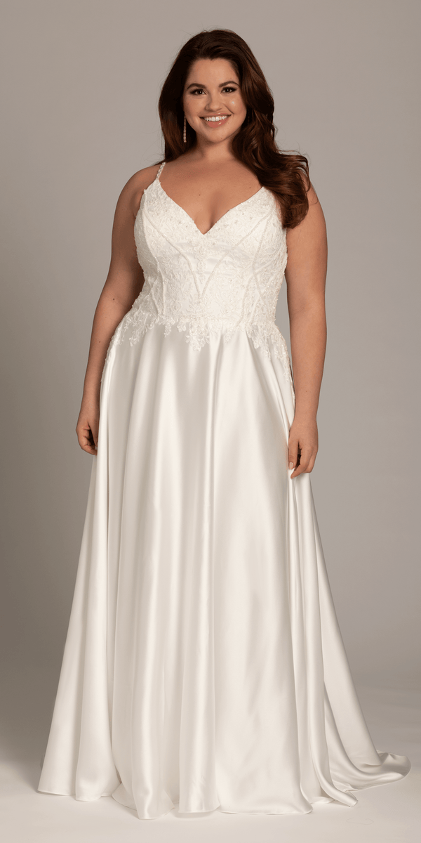 ivory/size/14/plus/Camille La Vie/Satin Plunging A Line Dress with Leaf Beading Detail/front