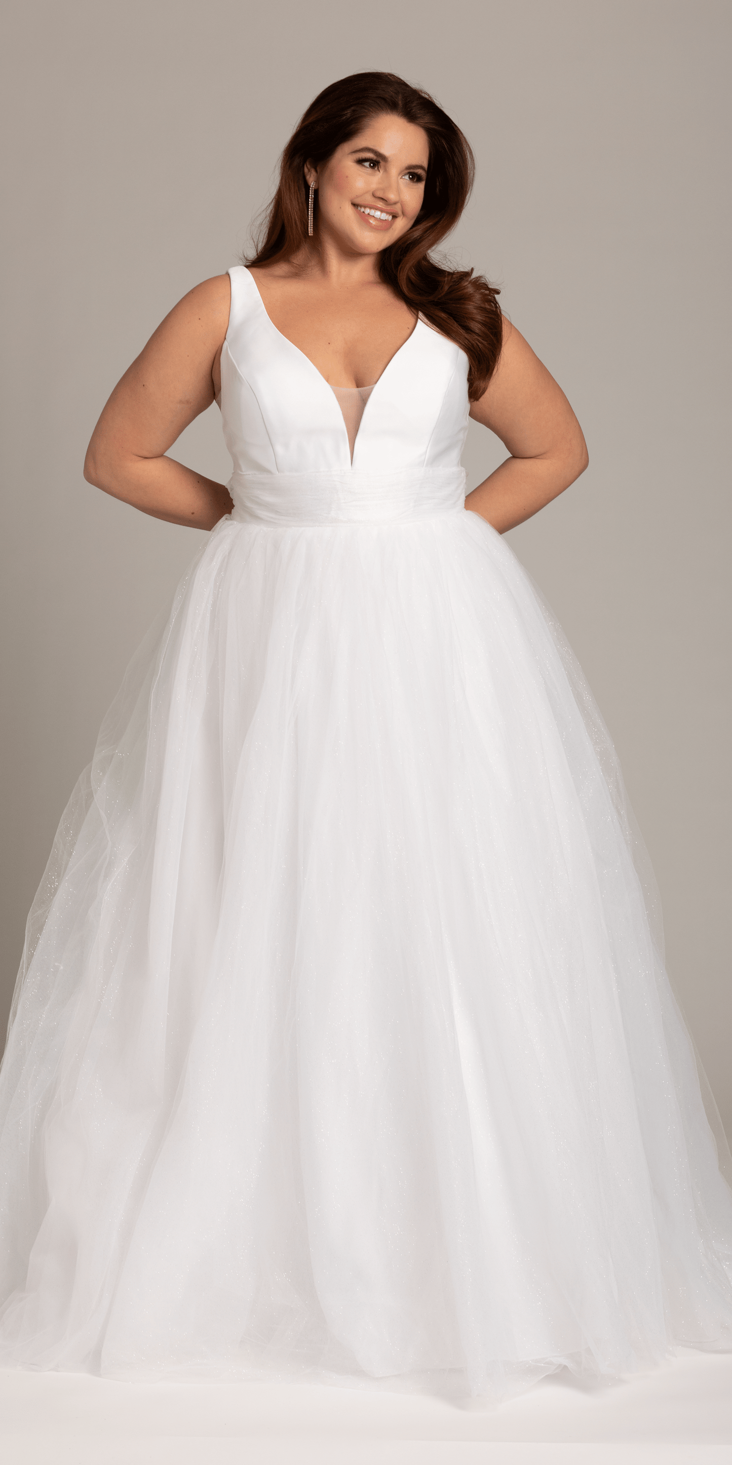 white/size/14/plus/ Camille La Vie/Plunging Mikado Glitter Ballgown with Bow Back /front alt
