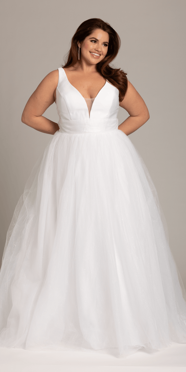 white/size/14/plus/ Camille La Vie/Plunging Mikado Glitter Ballgown with Bow Back /front alt