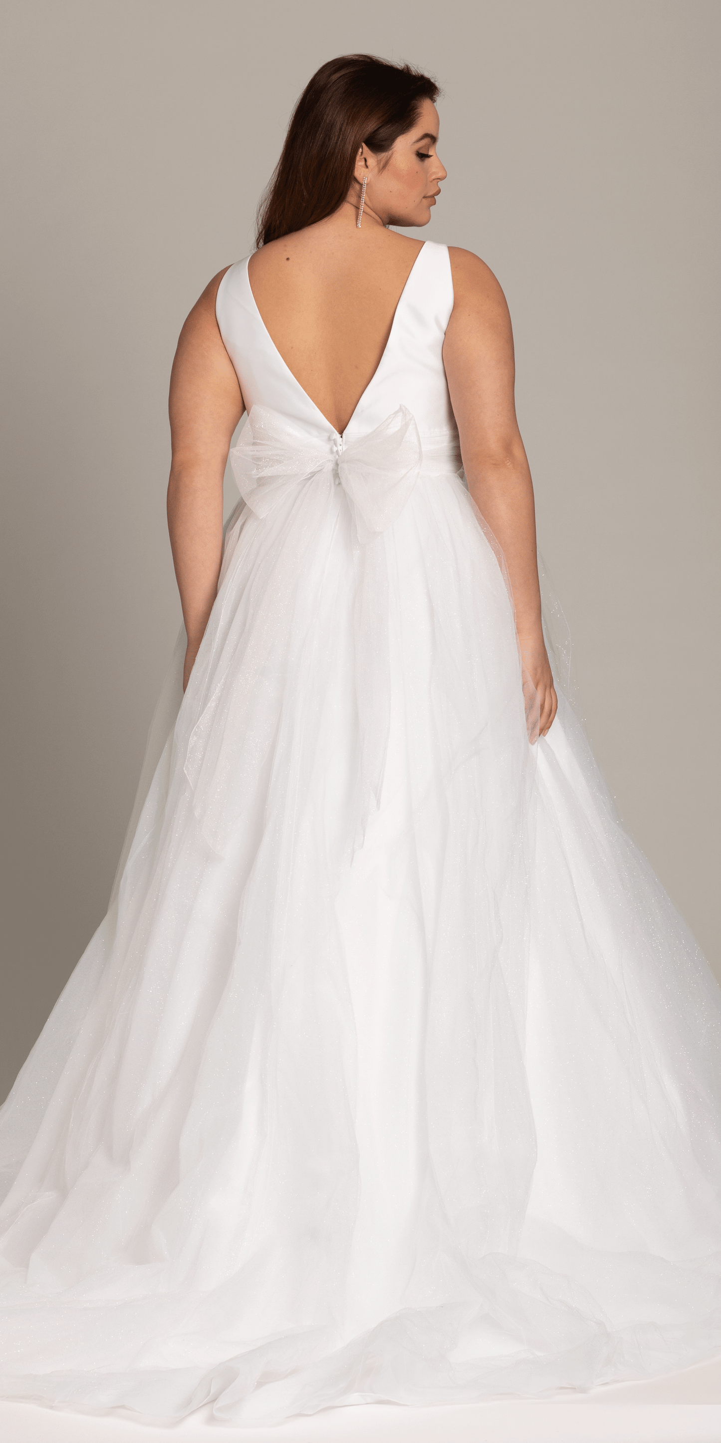 white/size/14/plus/ Camille La Vie/Plunging Mikado Glitter Ballgown with Bow Back /back