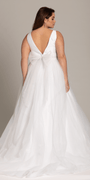 white/size/14/plus/ Camille La Vie/Plunging Mikado Glitter Ballgown with Bow Back /back