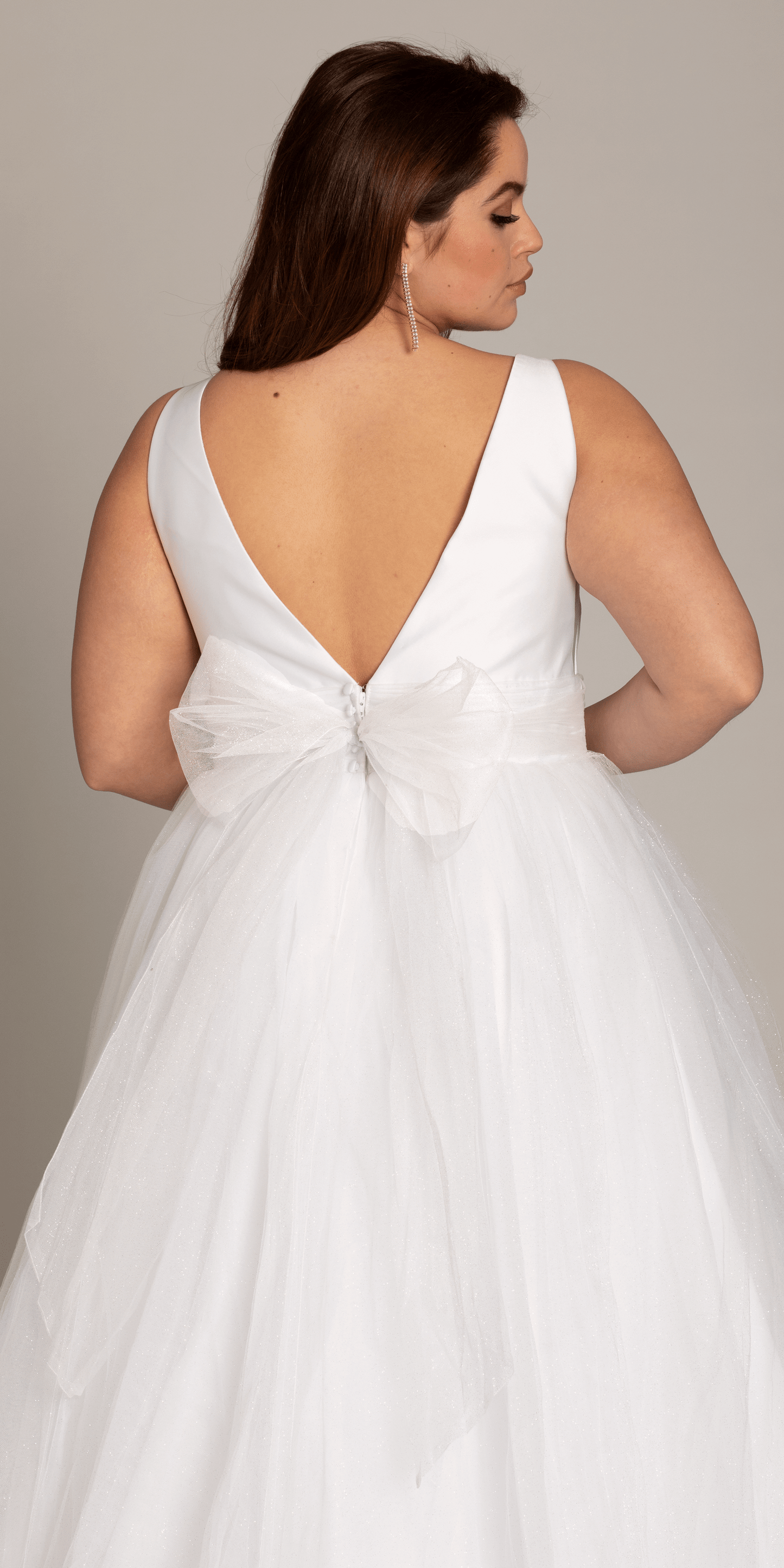 white/size/14/plus/ Camille La Vie/Plunging Mikado Glitter Ballgown with Bow Back /back alt