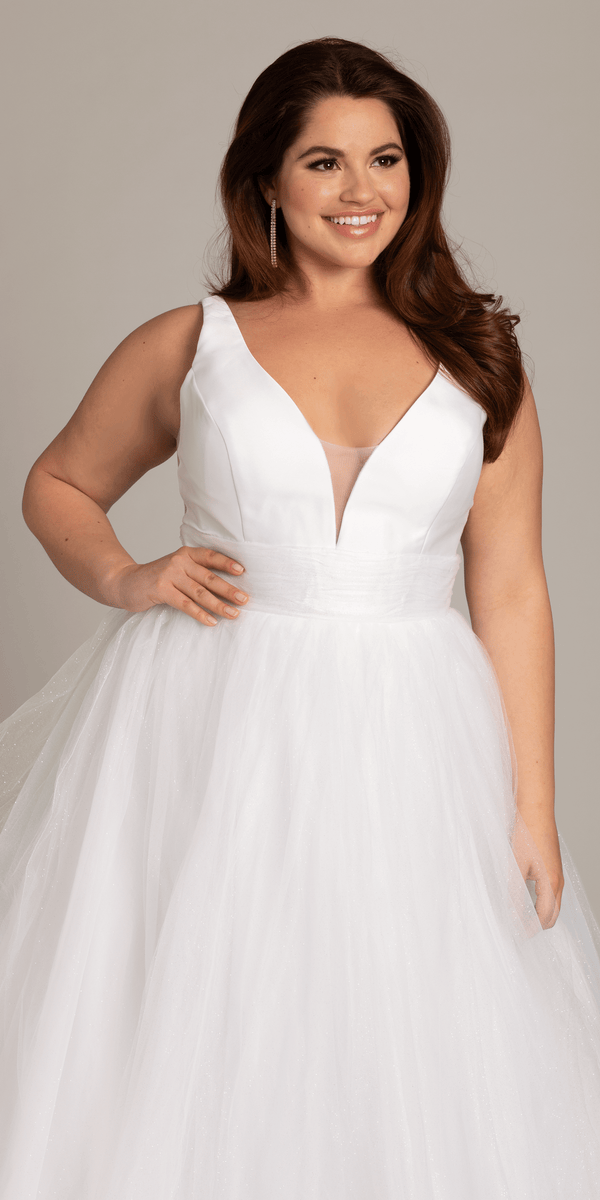 white/size/14/plus/ Camille La Vie/Plunging Mikado Glitter Ballgown with Bow Back /close up