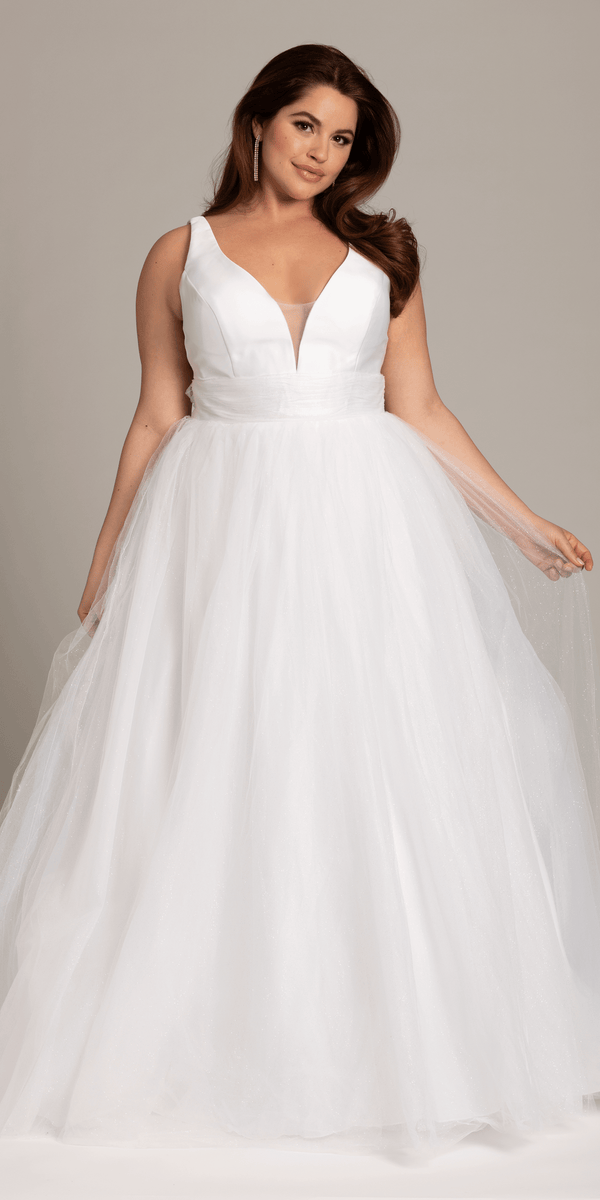 white/size/14/plus/ Camille La Vie/Plunging Mikado Glitter Ballgown with Bow Back /front