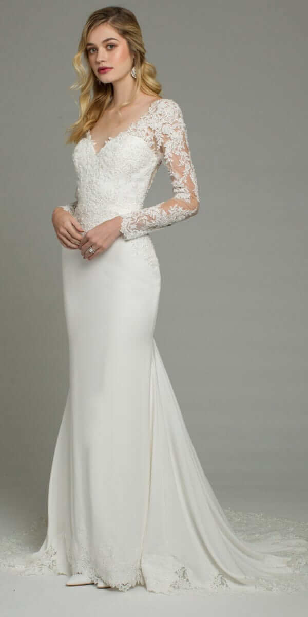 Long Sleeve Applique Crepe Button Back Lace Dress - Camille La Vie