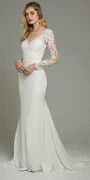 Long Sleeve Applique Crepe Button Back Lace Dress - Camille La Vie