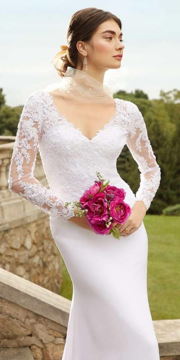 Long Sleeve Applique Crepe Button Back Lace Dress - Camille La Vie